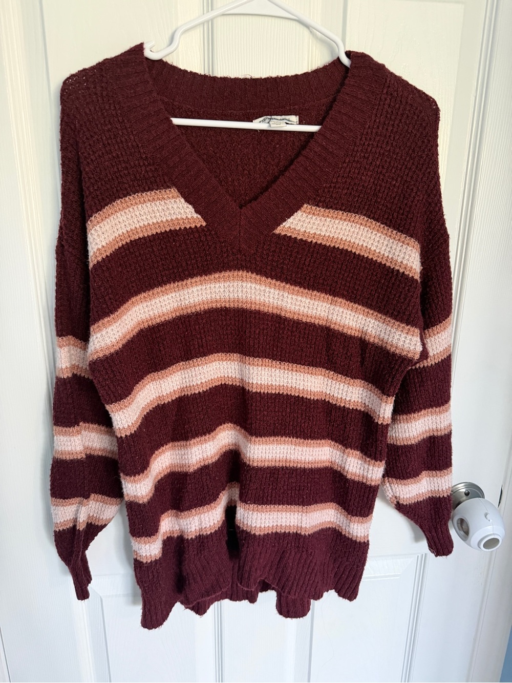 American Eagle Oversized Striped Maroon Waffle Knit Sweater